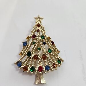 Vintage Christmas Tree Pin Brooch Pin Bedazzled with Multicolor Rhinestones Star